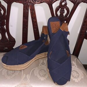 Tory Burch (Navy Espadrille Wedge Sandals